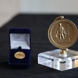 Gold pin and bronze paperweight
